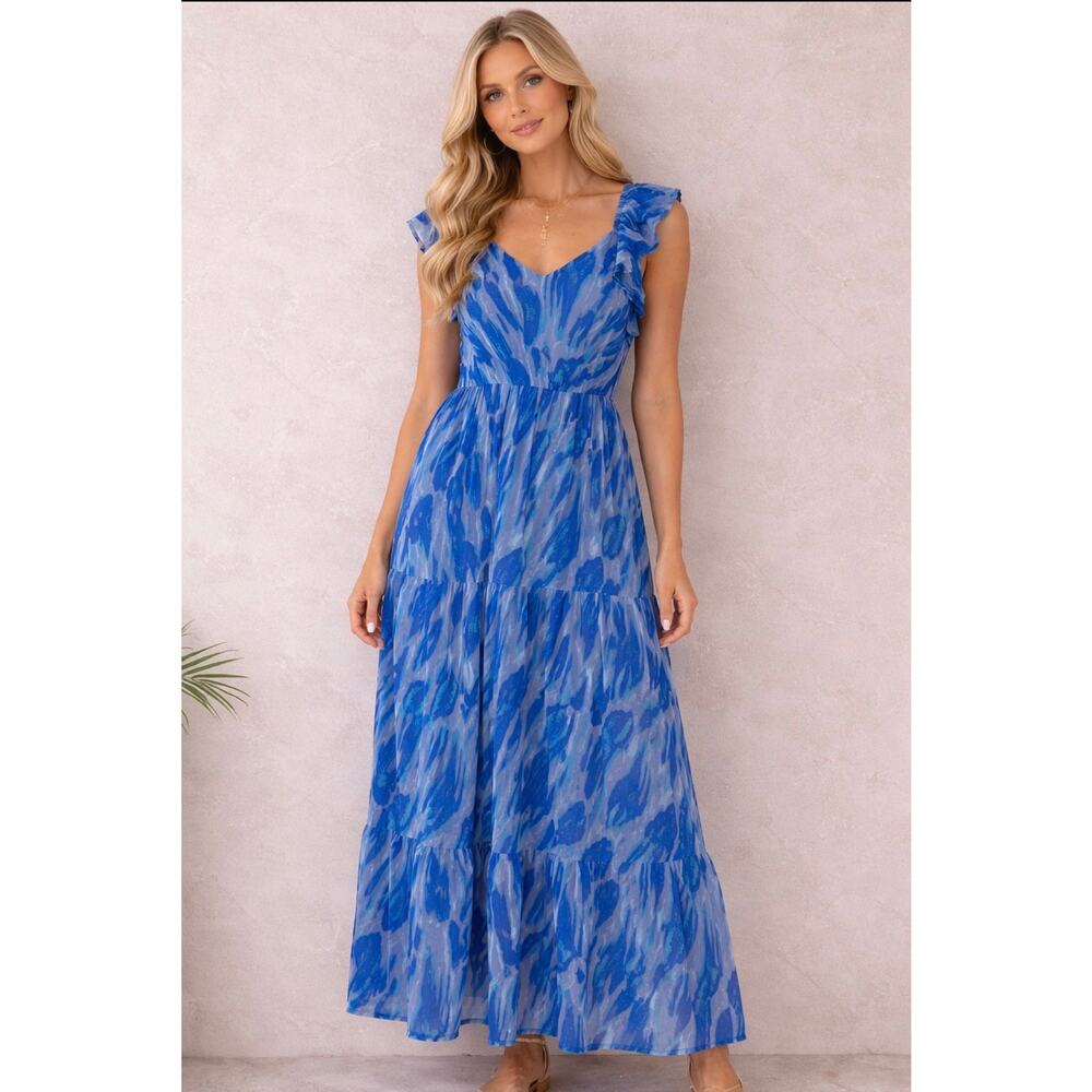 Dizzy Lizzy Ruffled Cap Sleeve‎ Maxi Dress in Blues Size Large